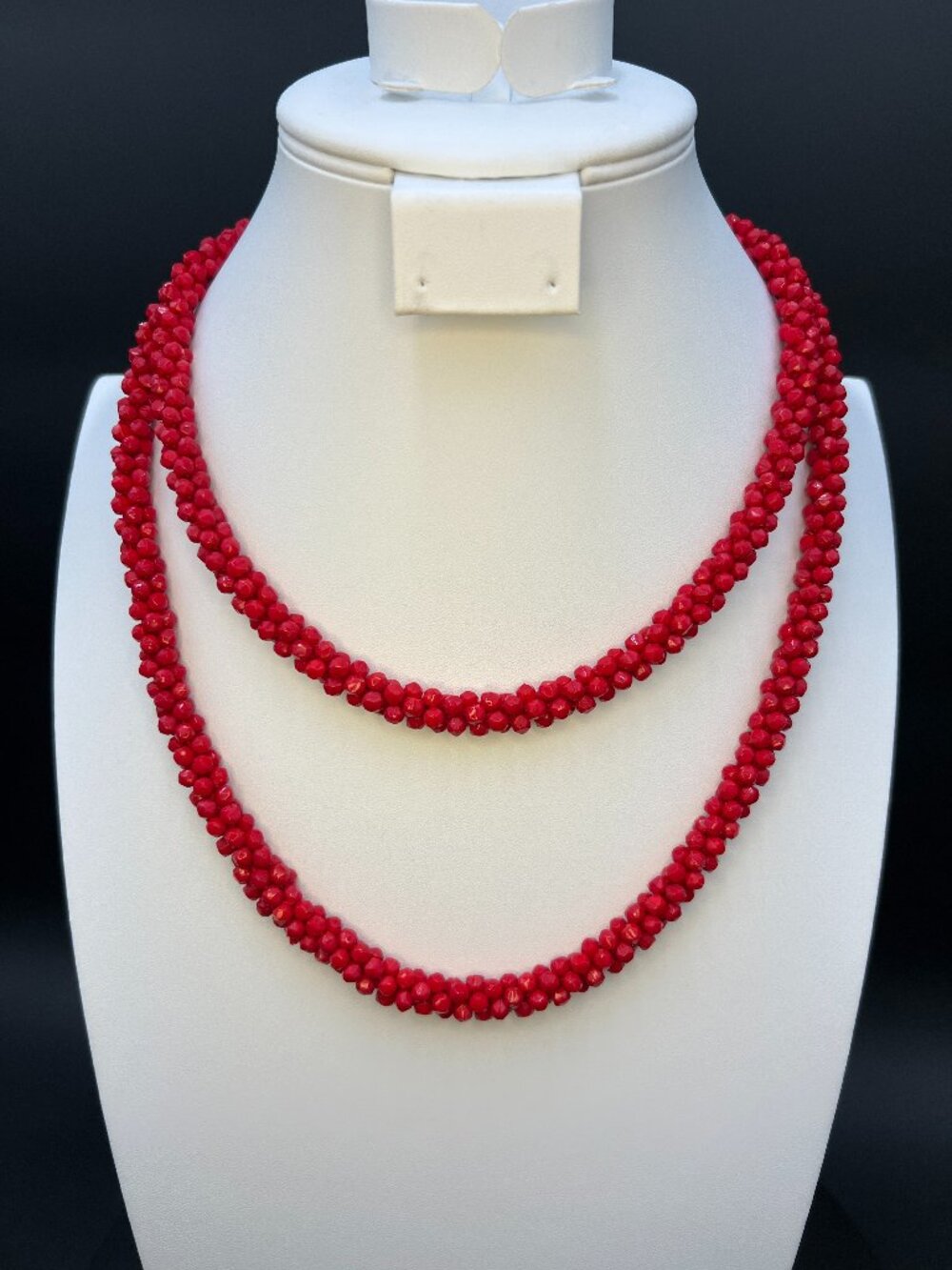 Vintage Red Glass Bead Necklace 1950s Opera Length Endless Strand Faceted Beads